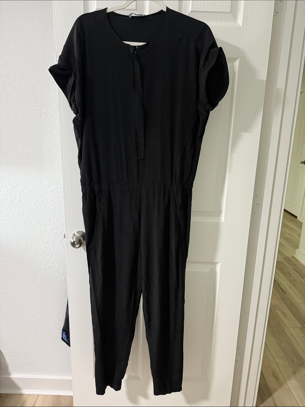 Vince Silk Black Short-Sleeve  One-Piece Romper